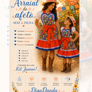 Avental - Saia Junino Artesanal Xadrez Coração Laranja | DigoDanda